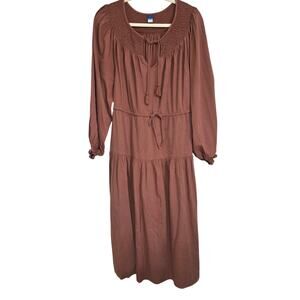 Old Navy Womens Sz M Brown Peasant BOHO Smocked Pockets Midi Dress